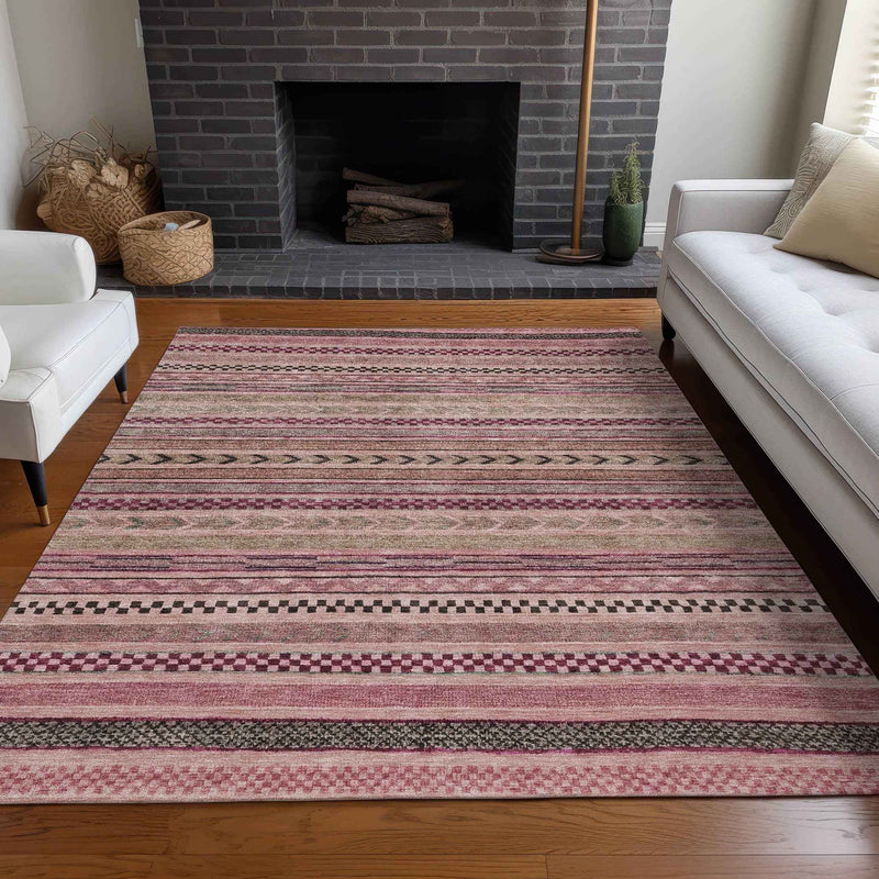5' X 8' Pink And Taupe Striped Washable Indoor Outdoor Area Rug