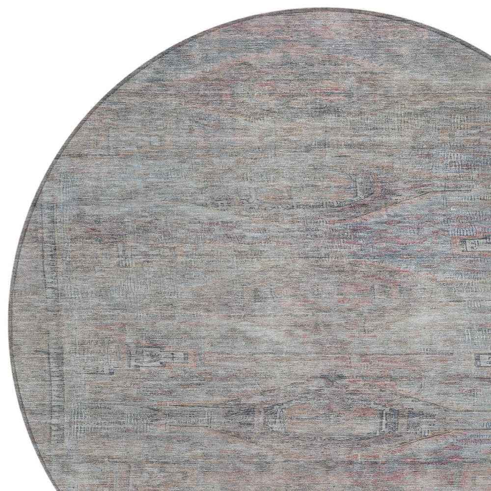 8' Pewter And Gray Round Aztec Washable Indoor Outdoor Area Rug