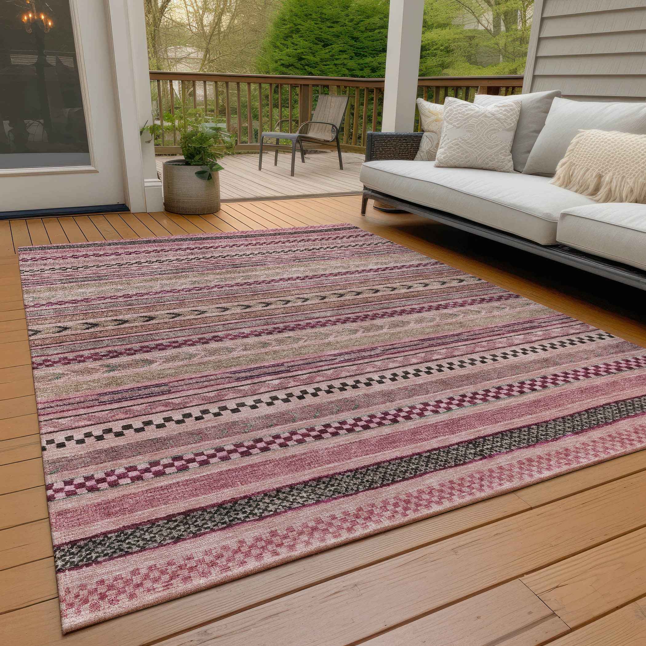 5' X 8' Pink And Taupe Striped Washable Indoor Outdoor Area Rug