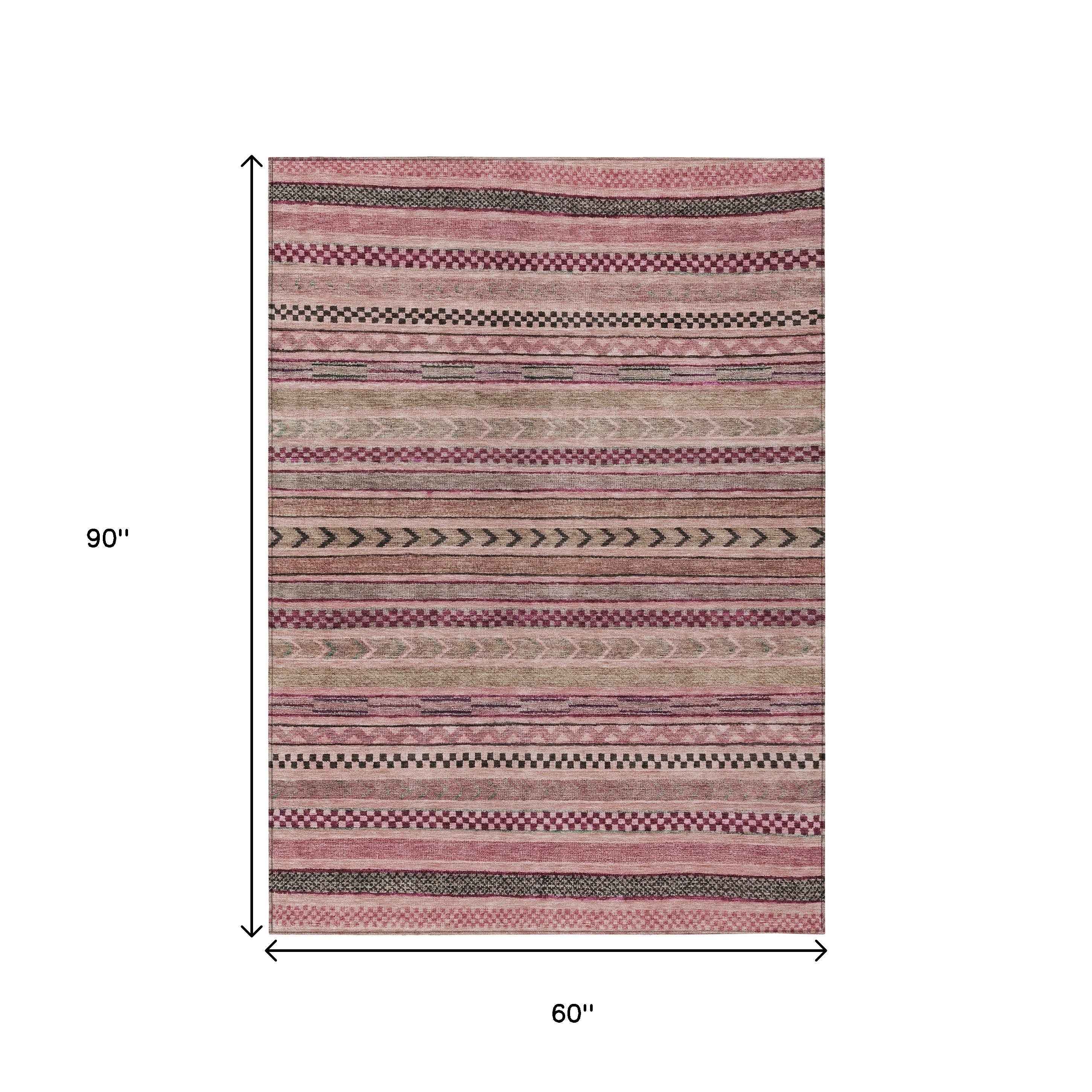 5' X 8' Pink And Taupe Striped Washable Indoor Outdoor Area Rug