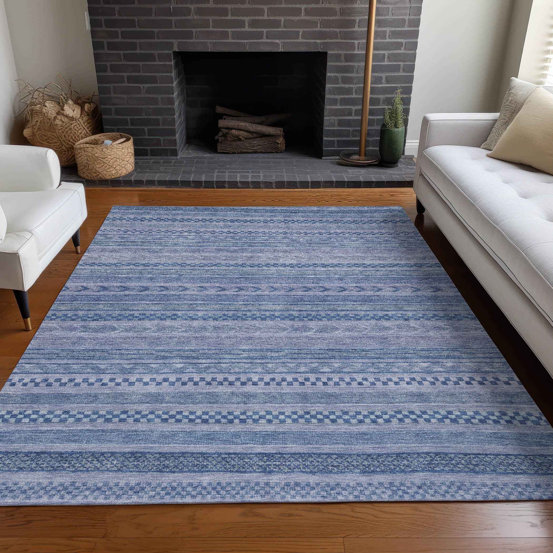 3' X 5' Denim Blue And Sky Blue Striped Washable Indoor Outdoor Area Rug