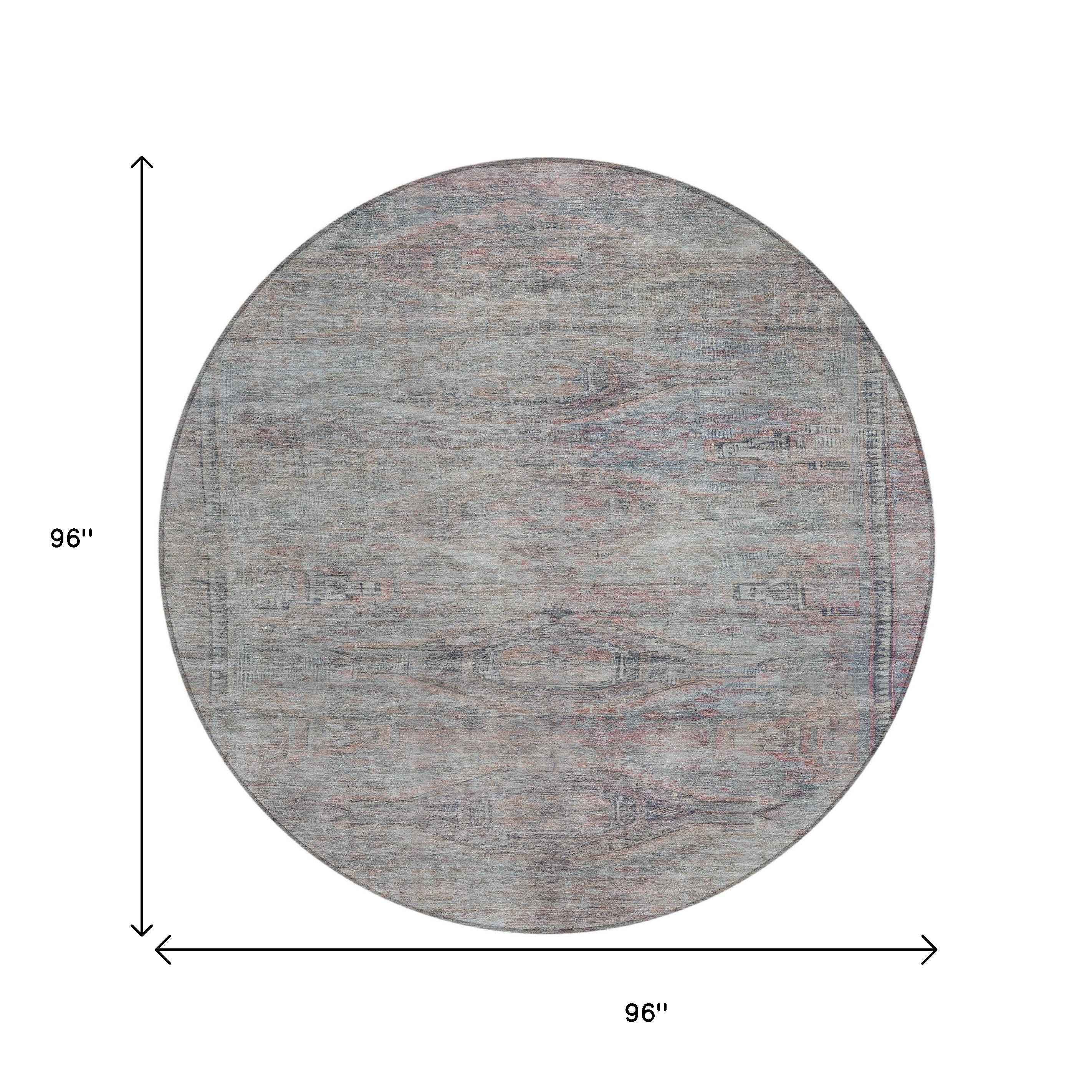 8' Pewter And Gray Round Aztec Washable Indoor Outdoor Area Rug