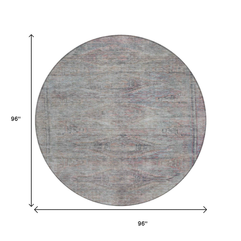 8' Pewter And Gray Round Aztec Washable Indoor Outdoor Area Rug