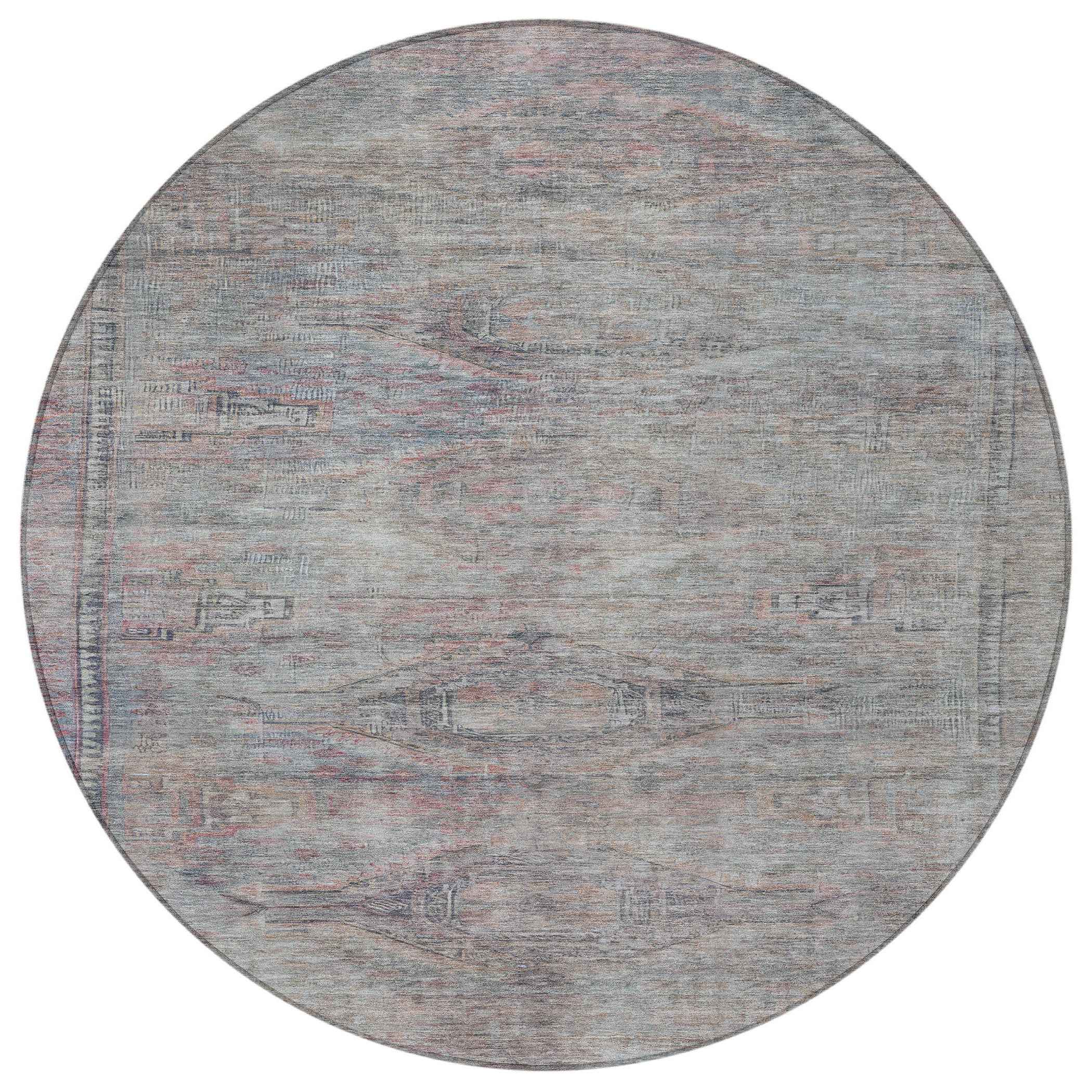 8' Pewter And Gray Round Aztec Washable Indoor Outdoor Area Rug