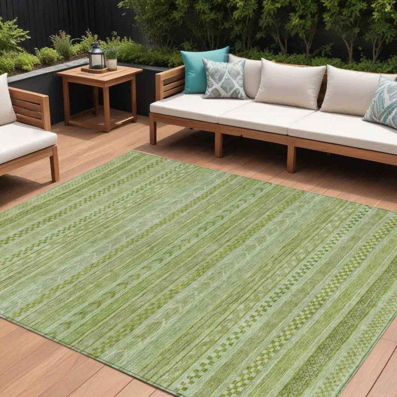 8' X 10' Fern Green And Sage Striped Washable Indoor Outdoor Area Rug