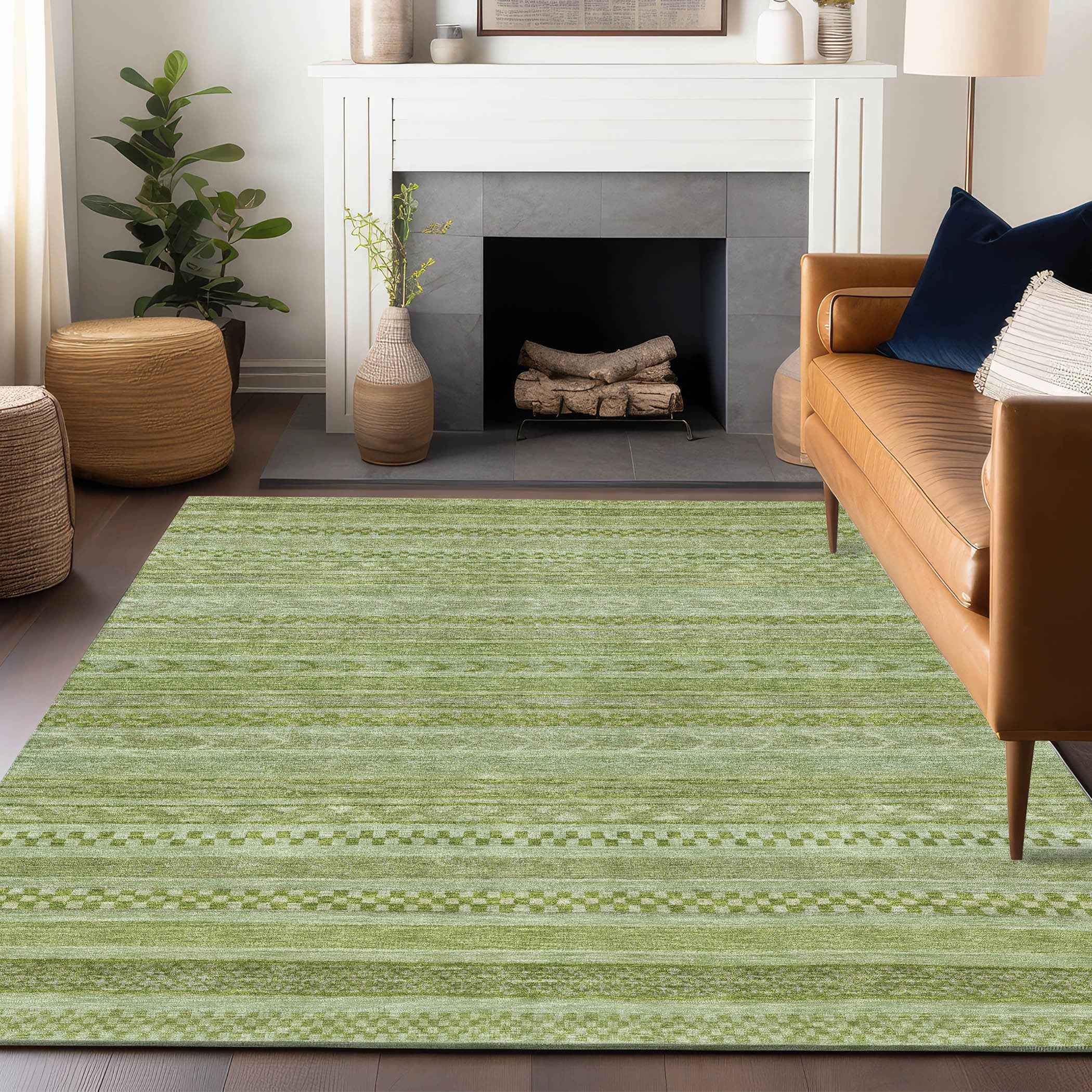 8' X 10' Fern Green And Sage Striped Washable Indoor Outdoor Area Rug