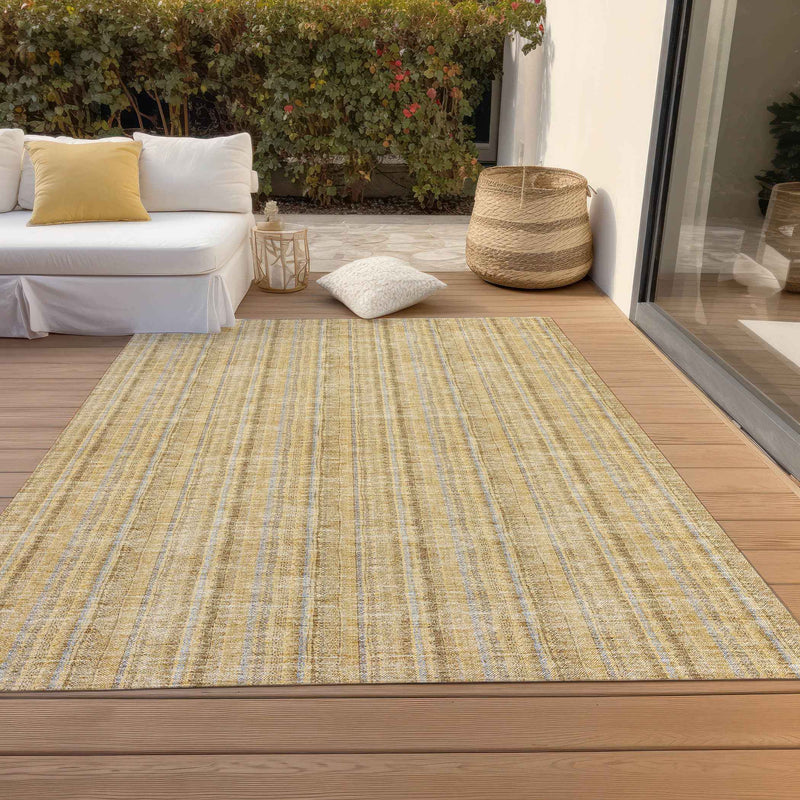 9' X 12' Wheat Gold And Gray Striped Washable Indoor Outdoor Area Rug