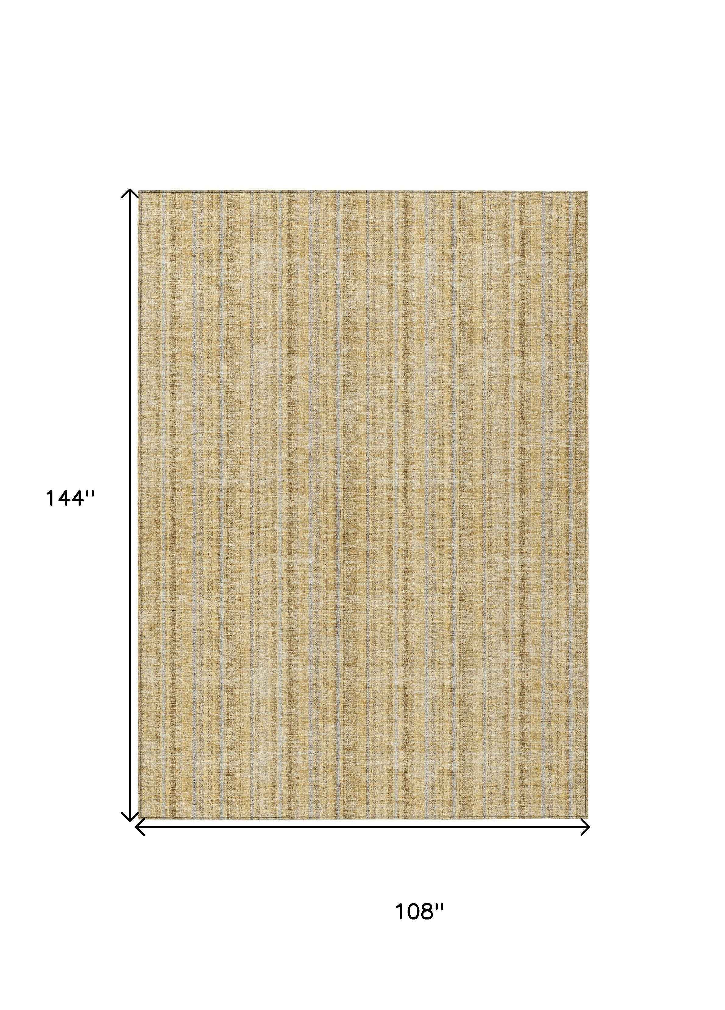 9' X 12' Wheat Gold And Gray Striped Washable Indoor Outdoor Area Rug
