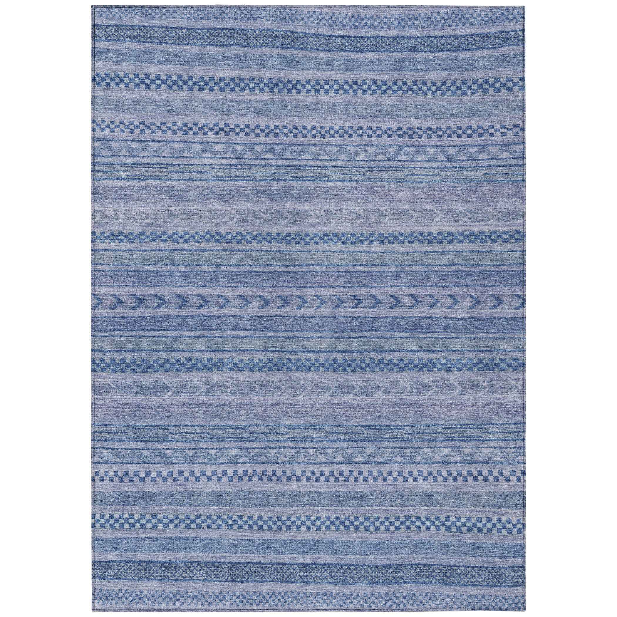9' X 12' Denim Blue And Sky Blue Striped Washable Indoor Outdoor Area Rug