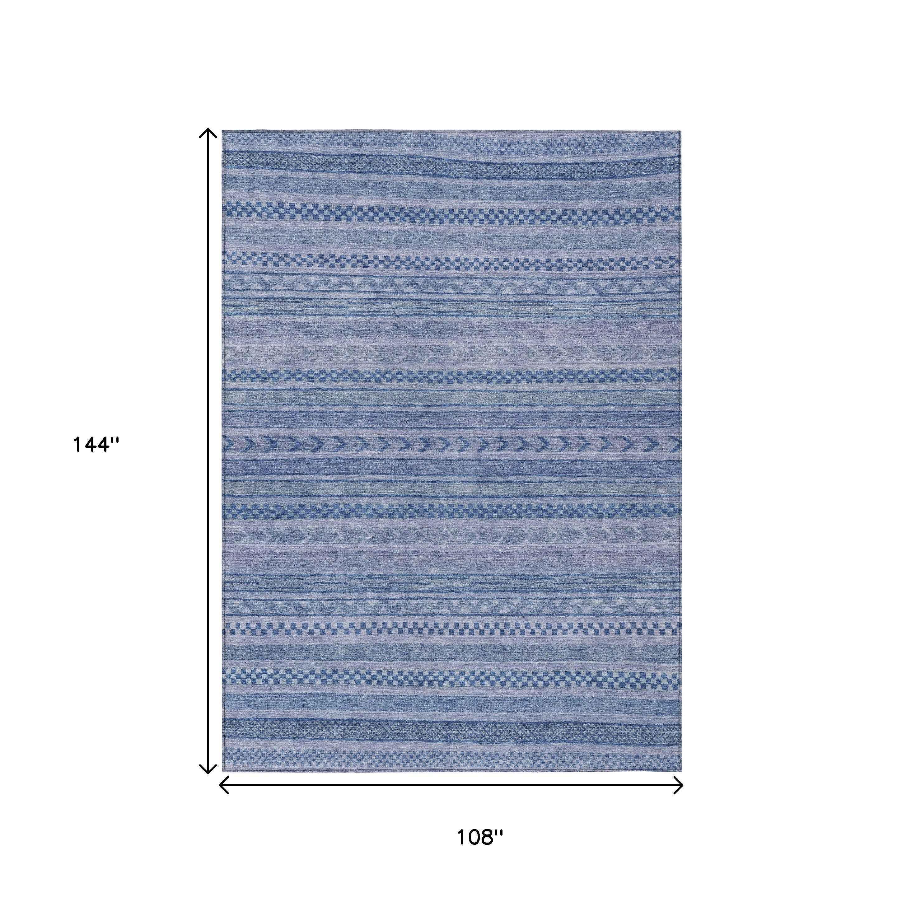 9' X 12' Denim Blue And Sky Blue Striped Washable Indoor Outdoor Area Rug