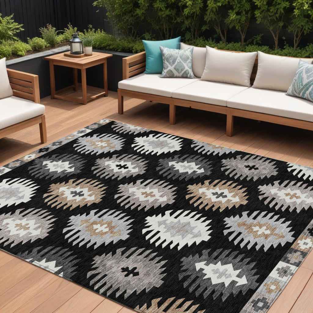 8' X 10' Black Ivory And Taupe Southwestern Washable Indoor Outdoor Area Rug