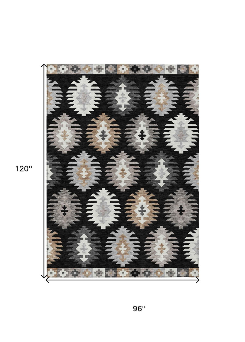 8' X 10' Black Ivory And Taupe Southwestern Washable Indoor Outdoor Area Rug