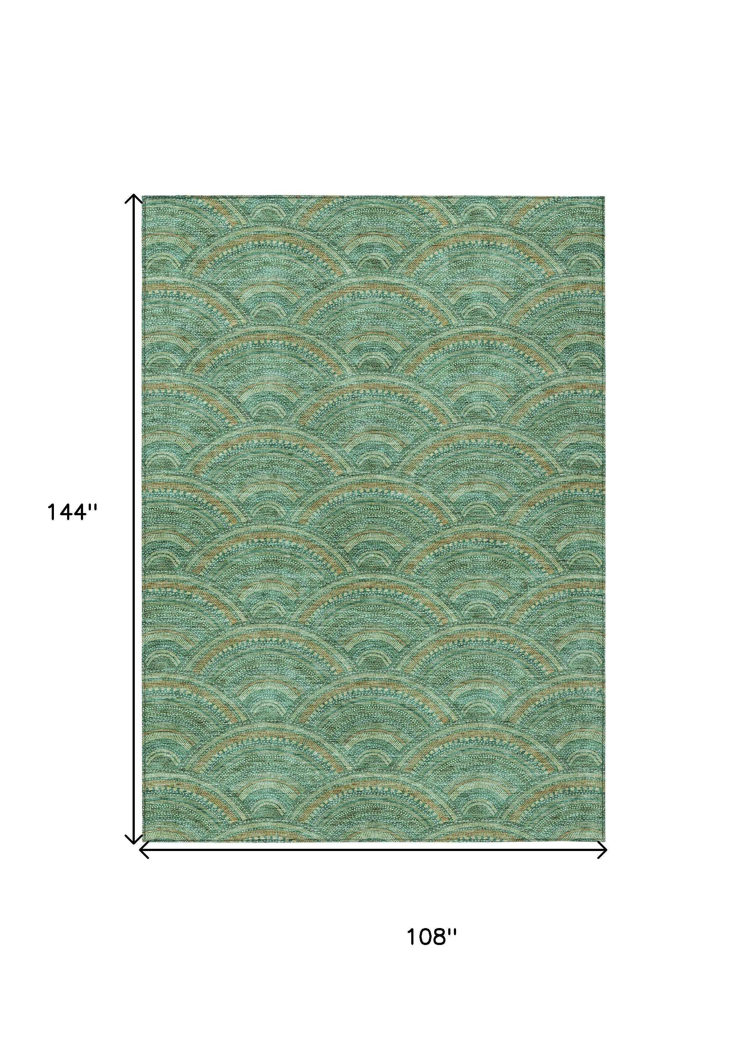 9' X 12' Sage Fern Green And Peach Geometric Washable Indoor Outdoor Area Rug