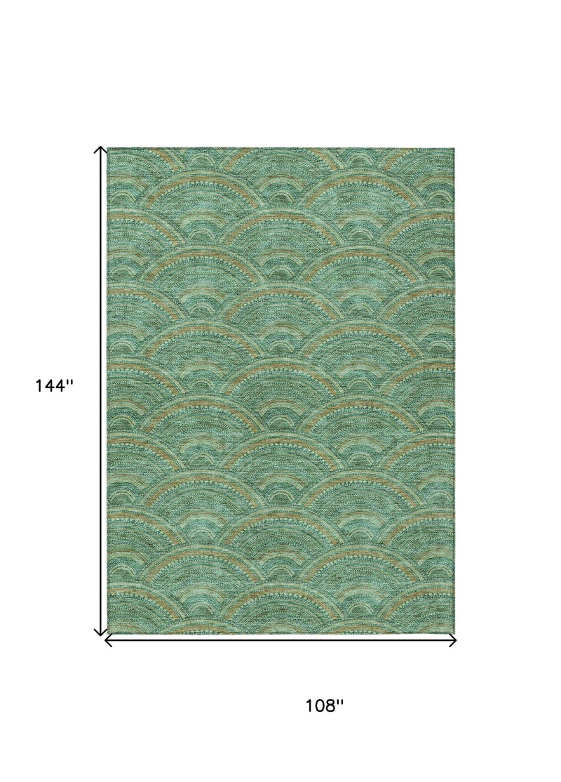 9' X 12' Sage Fern Green And Peach Geometric Washable Indoor Outdoor Area Rug