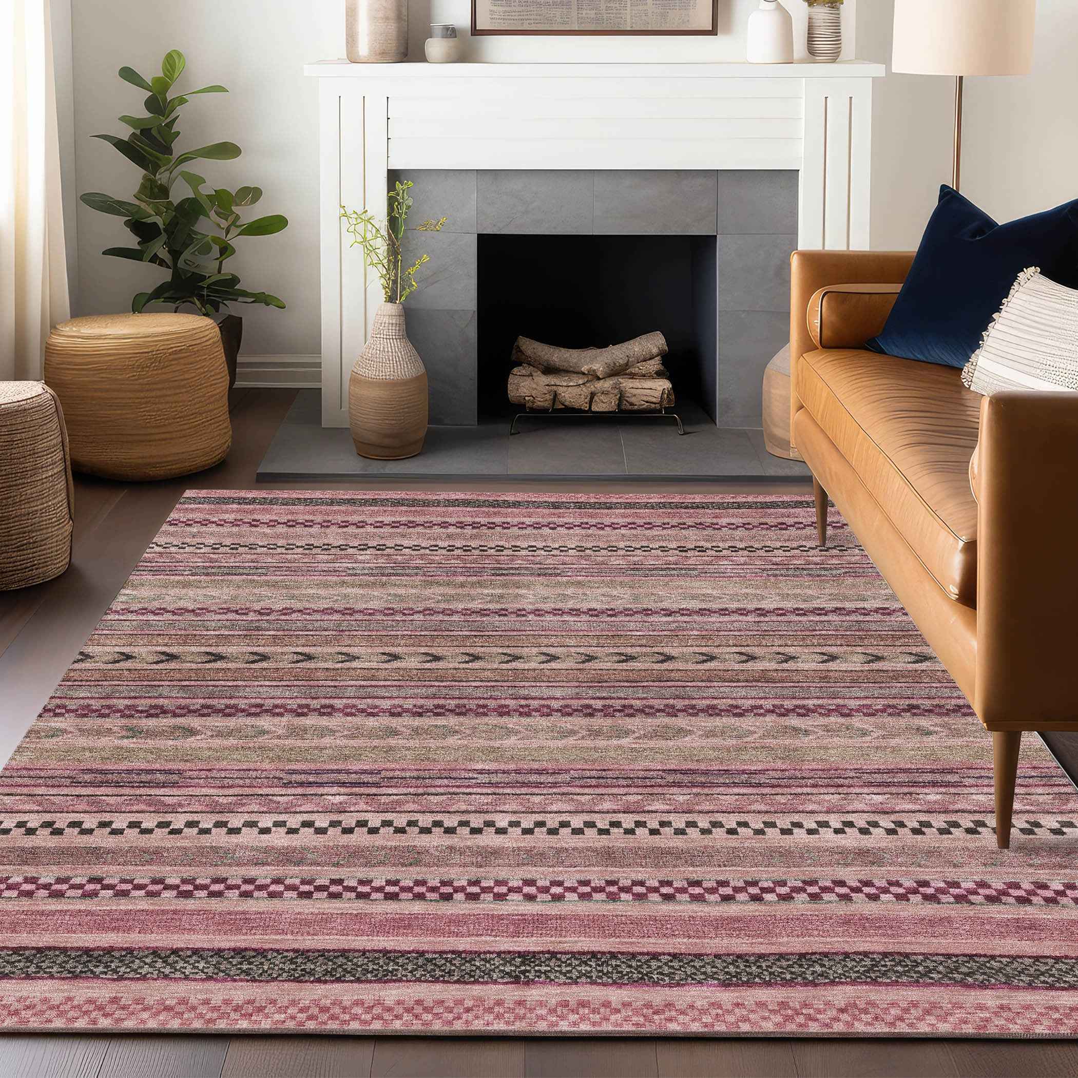 8' X 10' Pink And Taupe Striped Washable Indoor Outdoor Area Rug