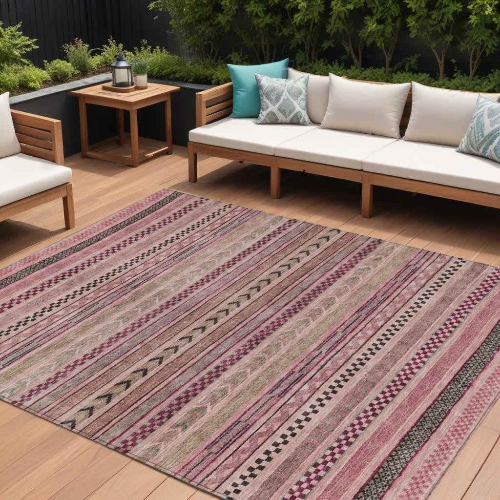 8' X 10' Pink And Taupe Striped Washable Indoor Outdoor Area Rug