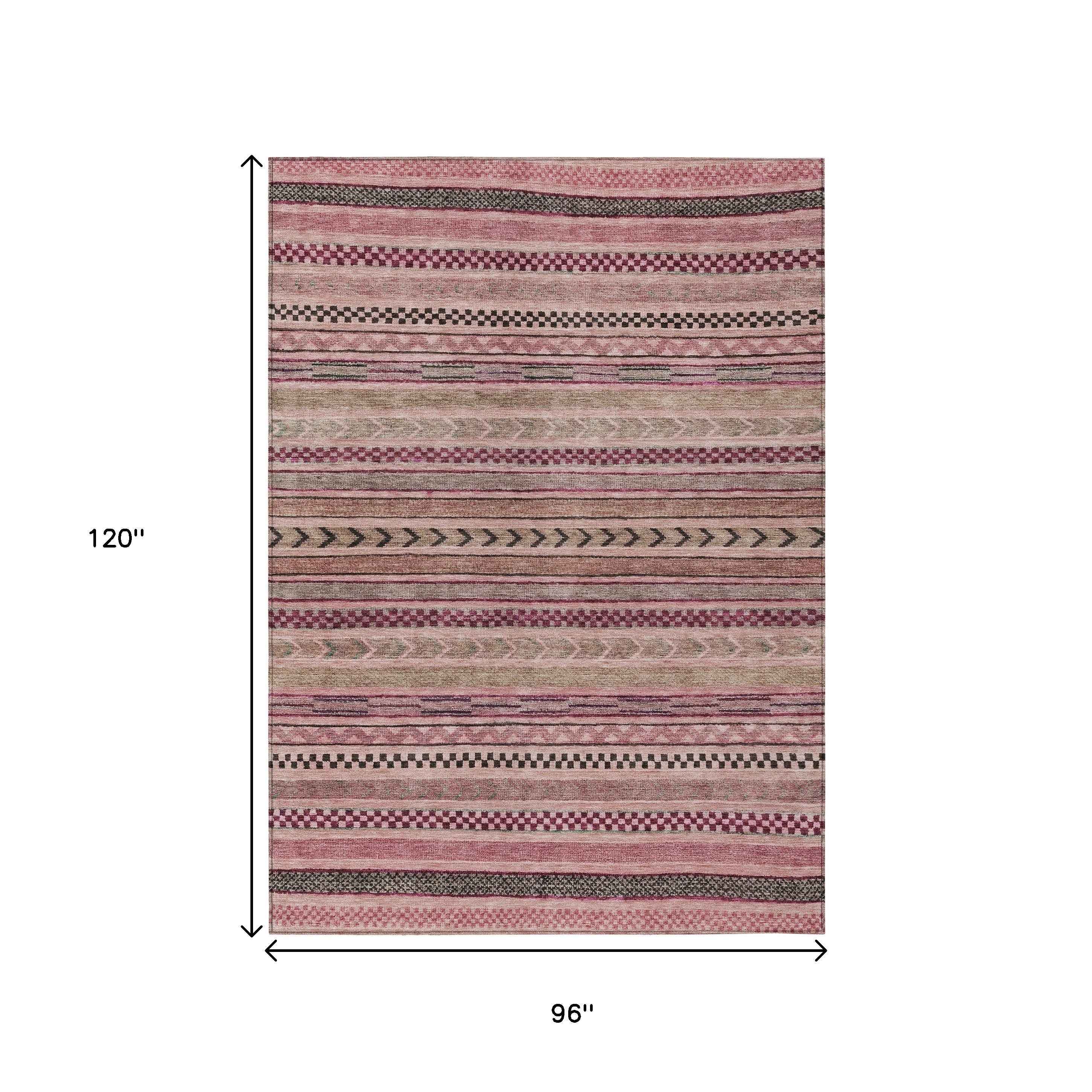 8' X 10' Pink And Taupe Striped Washable Indoor Outdoor Area Rug