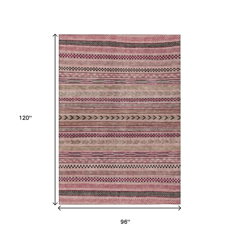 8' X 10' Pink And Taupe Striped Washable Indoor Outdoor Area Rug