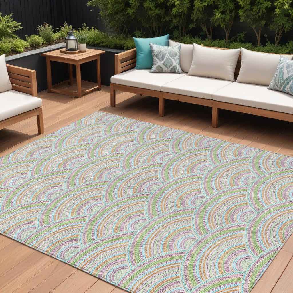 8' X 10' Pearl Orange And Purple Geometric Washable Indoor Outdoor Area Rug