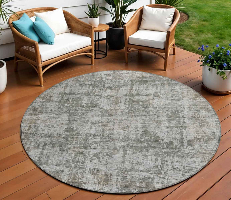 8' Pewter And Ivory Round Abstract Washable Indoor Outdoor Area Rug