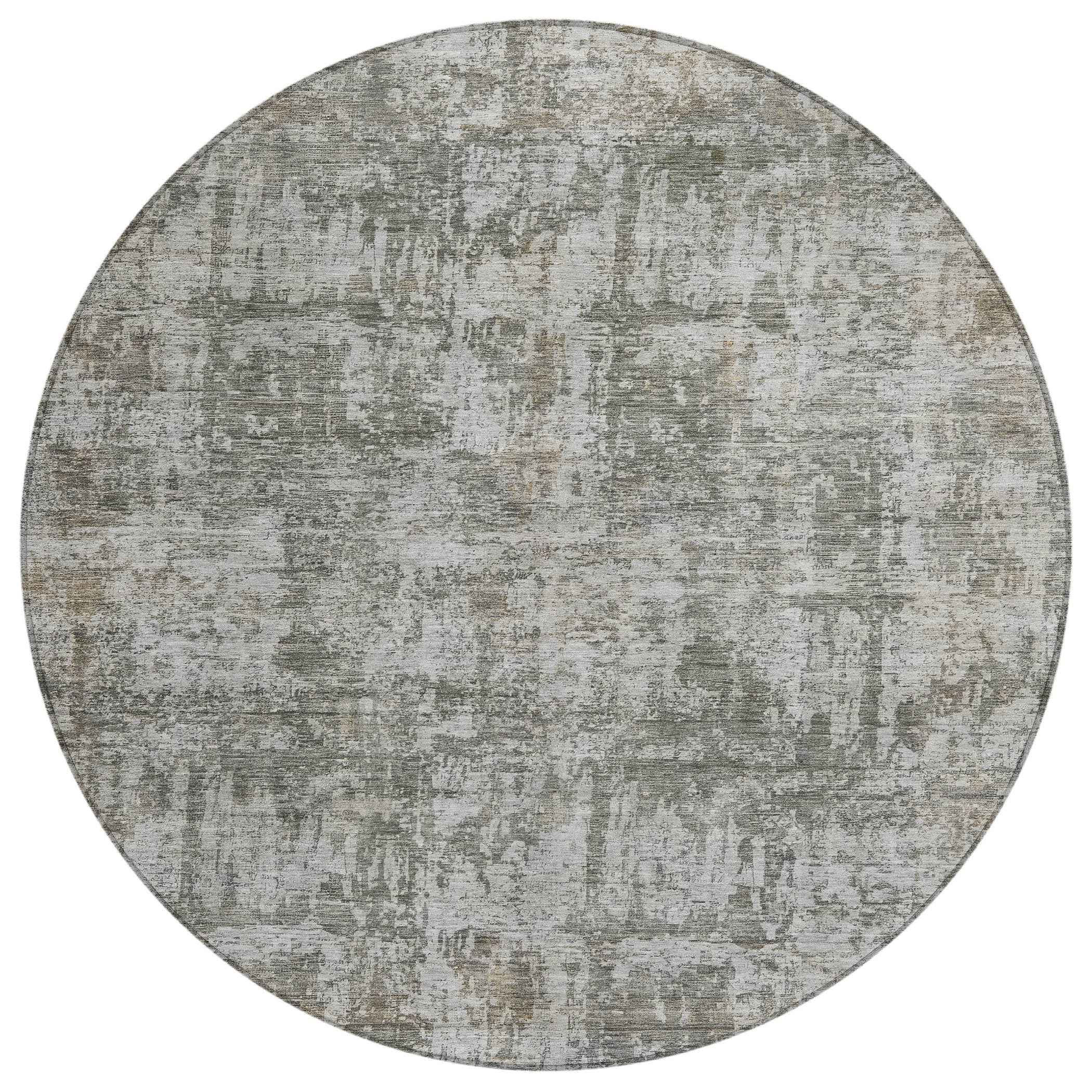 8' Pewter And Ivory Round Abstract Washable Indoor Outdoor Area Rug