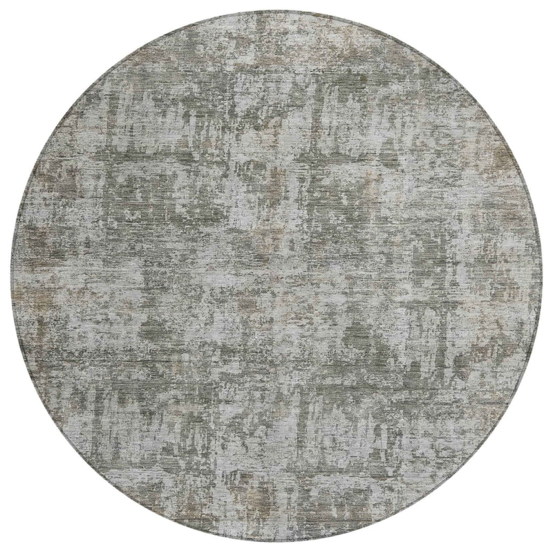 8' Pewter And Ivory Round Abstract Washable Indoor Outdoor Area Rug