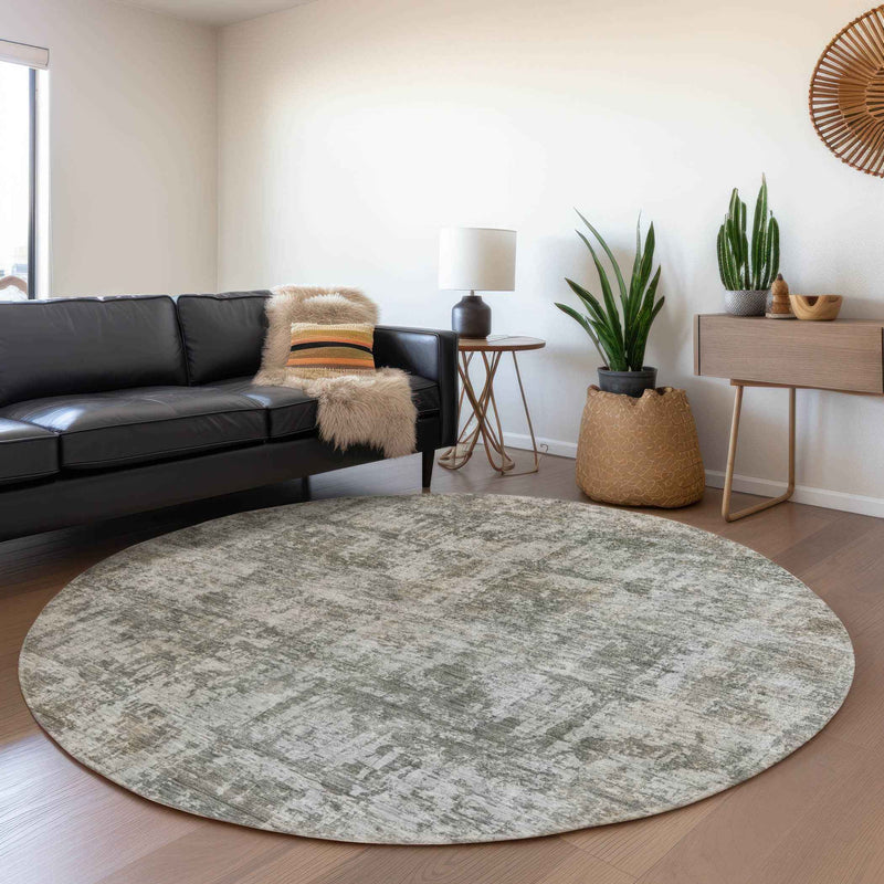 8' Pewter And Ivory Round Abstract Washable Indoor Outdoor Area Rug