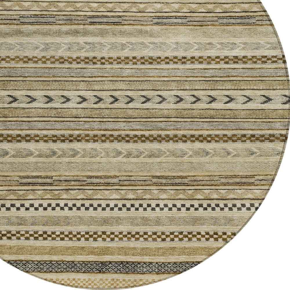 8' Chocolate And Taupe Round Striped Washable Indoor Outdoor Area Rug
