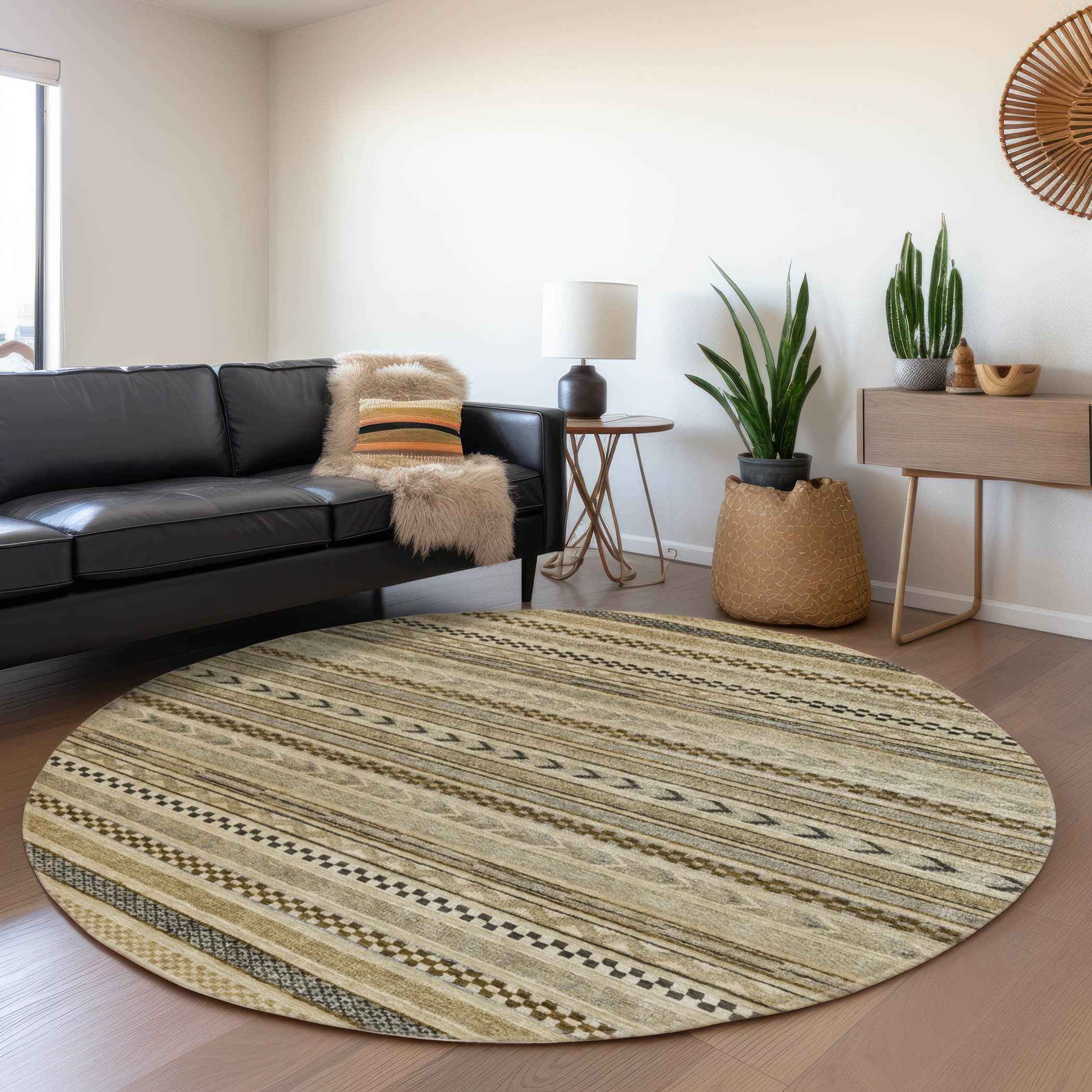 8' Chocolate And Taupe Round Striped Washable Indoor Outdoor Area Rug