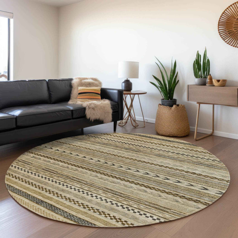 8' Chocolate And Taupe Round Striped Washable Indoor Outdoor Area Rug
