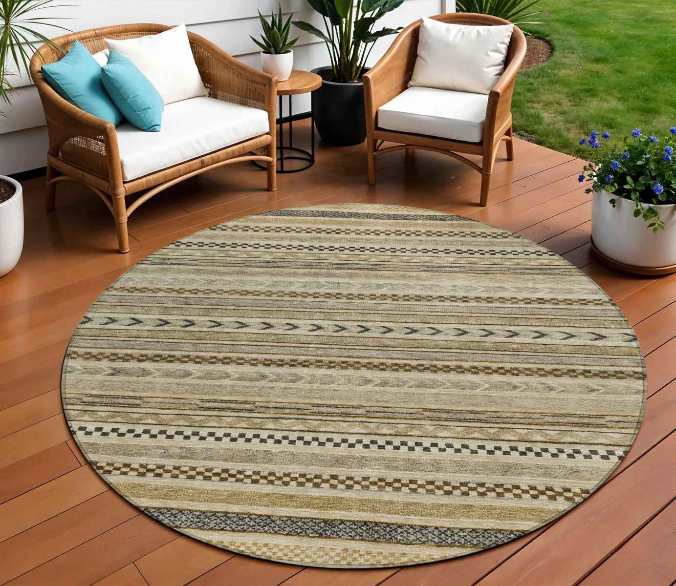 8' Chocolate And Taupe Round Striped Washable Indoor Outdoor Area Rug