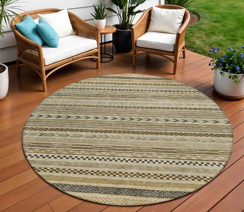 8' Chocolate And Taupe Round Striped Washable Indoor Outdoor Area Rug