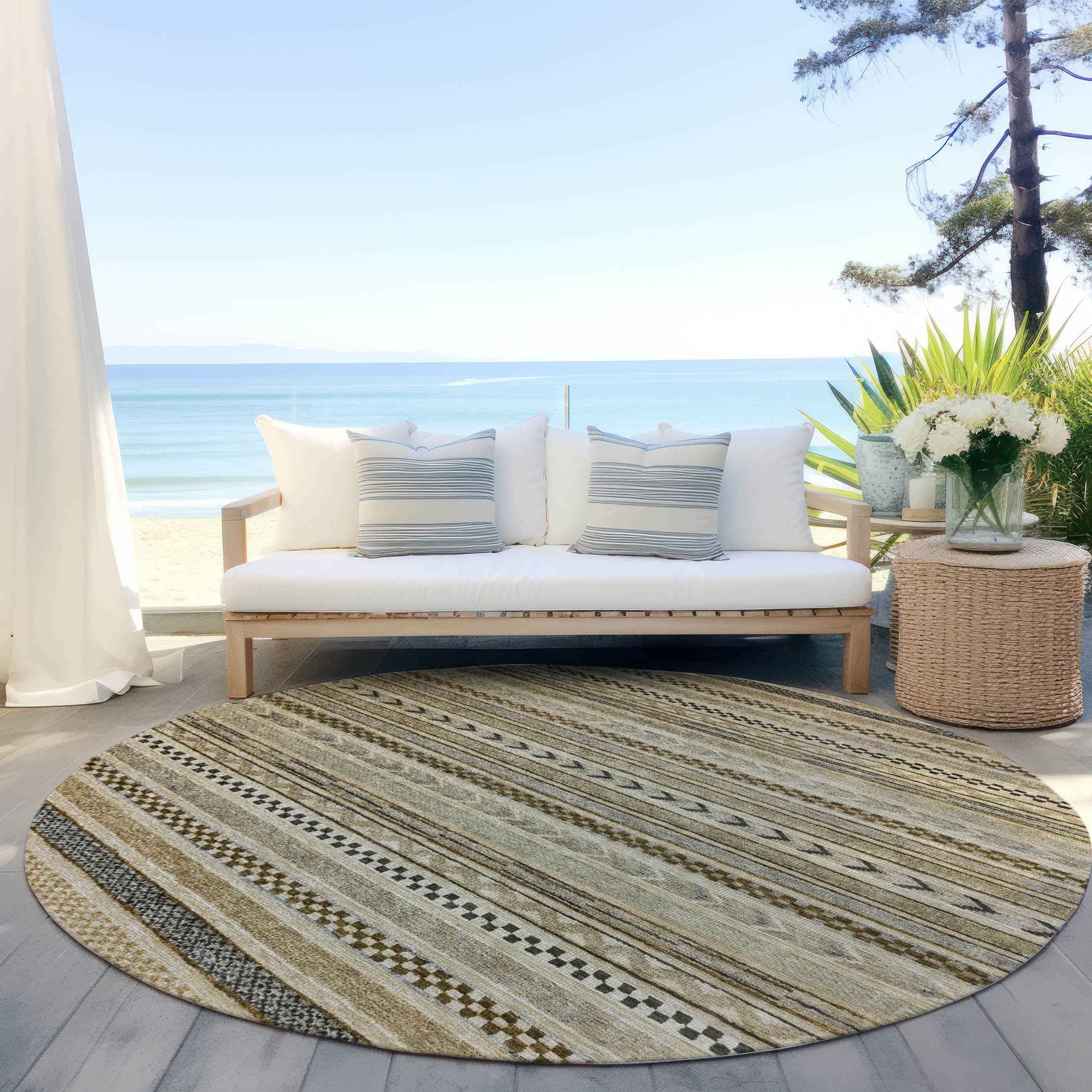 8' Chocolate And Taupe Round Striped Washable Indoor Outdoor Area Rug