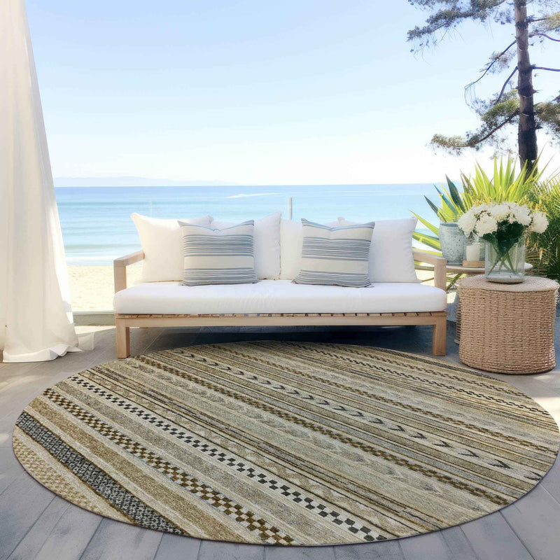 8' Chocolate And Taupe Round Striped Washable Indoor Outdoor Area Rug