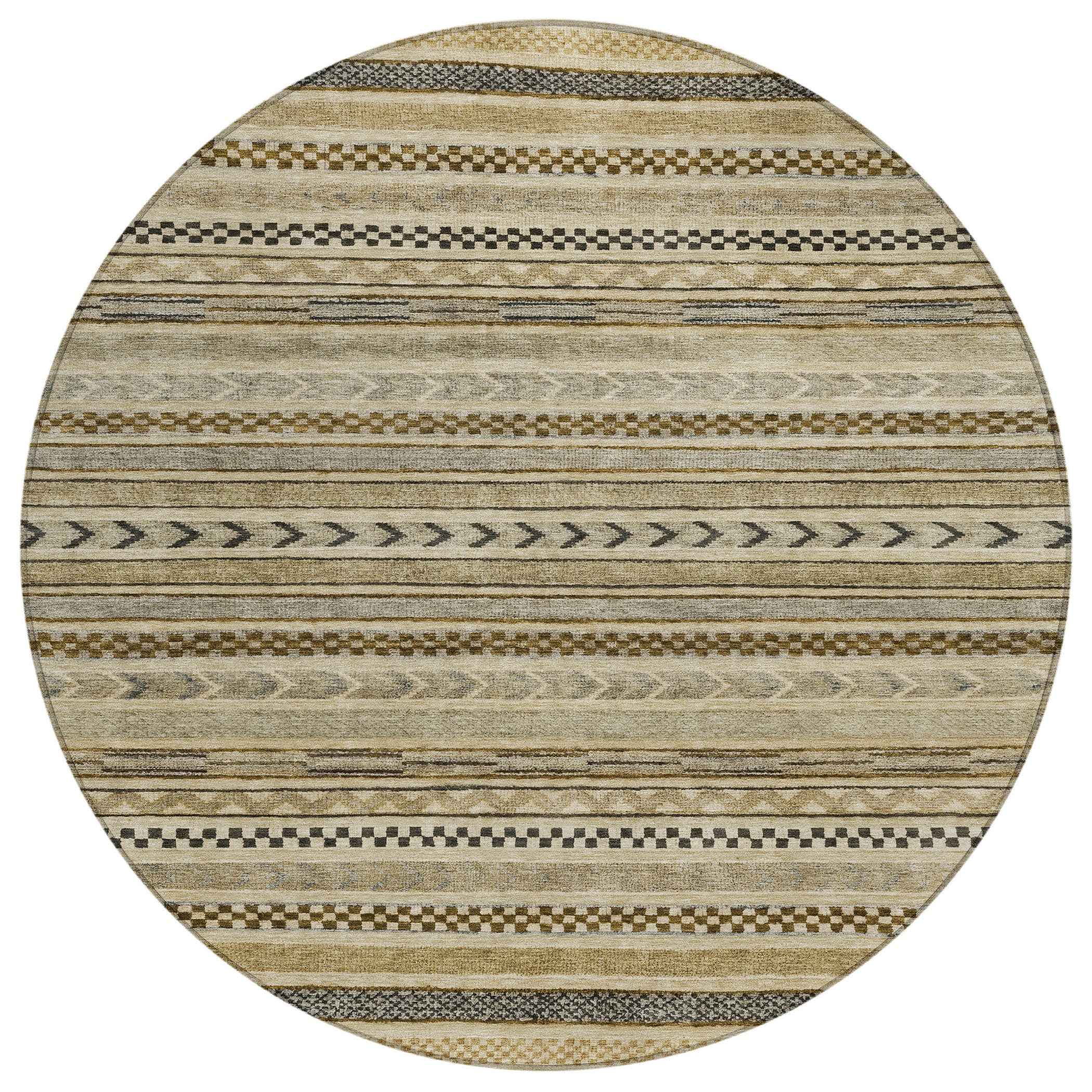8' Chocolate And Taupe Round Striped Washable Indoor Outdoor Area Rug
