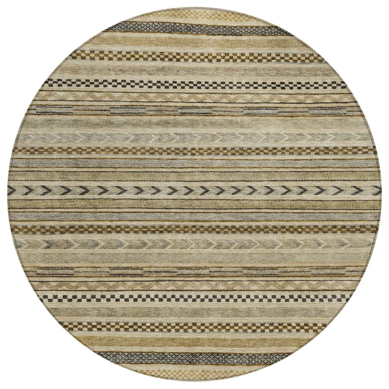8' Chocolate And Taupe Round Striped Washable Indoor Outdoor Area Rug