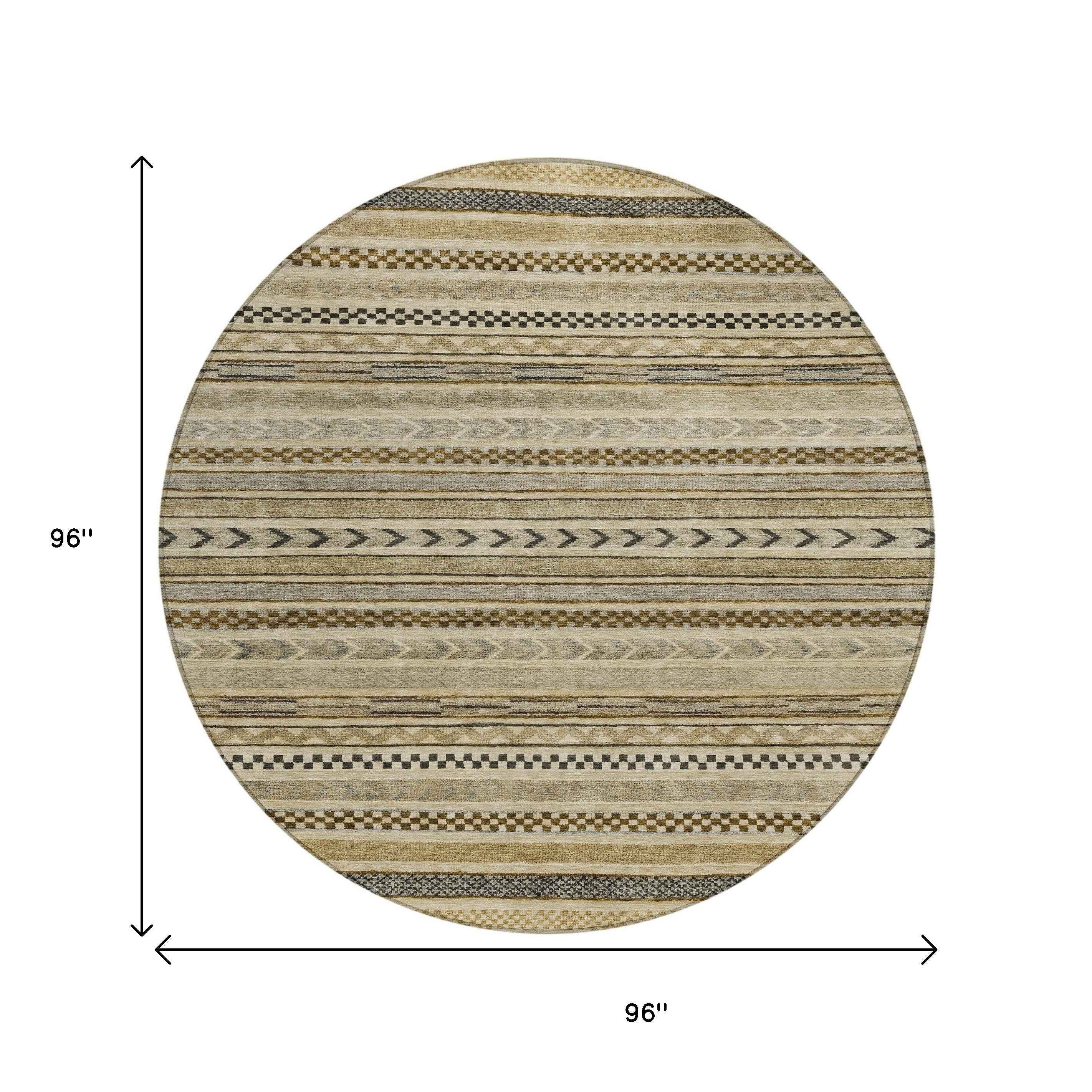 8' Chocolate And Taupe Round Striped Washable Indoor Outdoor Area Rug