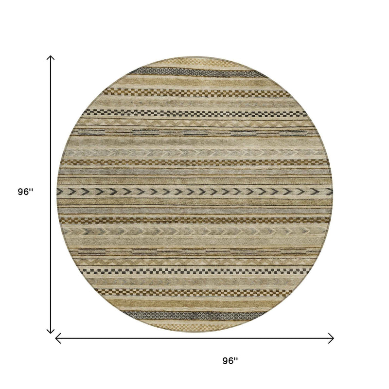 8' Chocolate And Taupe Round Striped Washable Indoor Outdoor Area Rug