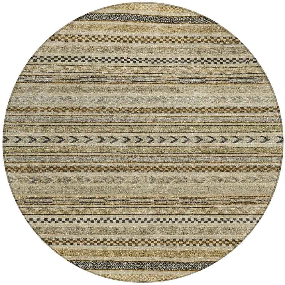 8' Chocolate And Taupe Round Striped Washable Indoor Outdoor Area Rug