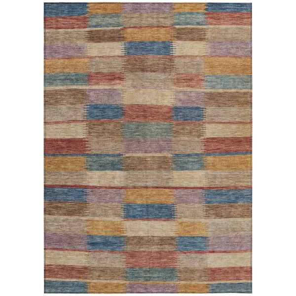 3' X 5' Beige Blue And Gold Striped Washable Indoor Outdoor Area Rug