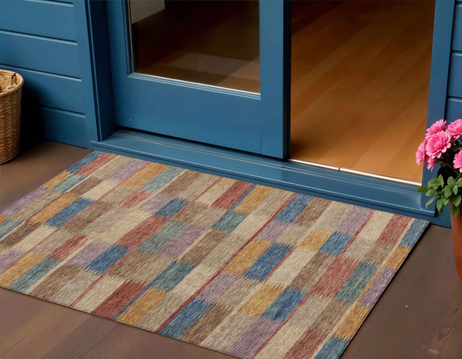 3' X 5' Beige Blue And Gold Striped Washable Indoor Outdoor Area Rug