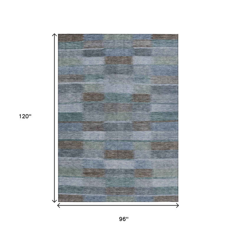 8' X 10' Blue Denim Blue And Brown Striped Washable Indoor Outdoor Area Rug