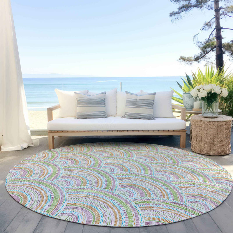 8' Pearl Orange And Purple Round Geometric Washable Indoor Outdoor Area Rug