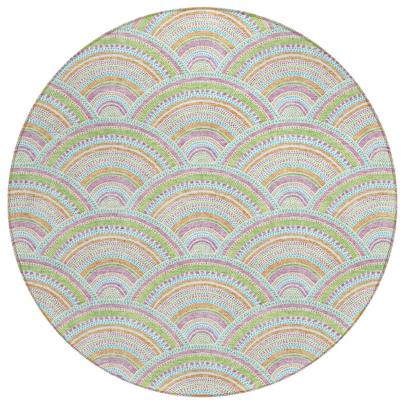 8' Pearl Orange And Purple Round Geometric Washable Indoor Outdoor Area Rug