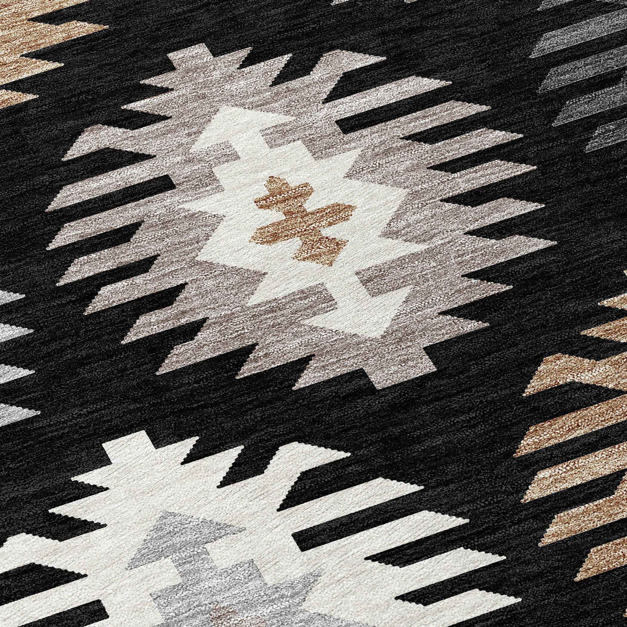 5' X 8' Black Ivory And Taupe Southwestern Washable Indoor Outdoor Area Rug