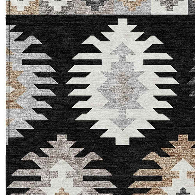 5' X 8' Black Ivory And Taupe Southwestern Washable Indoor Outdoor Area Rug