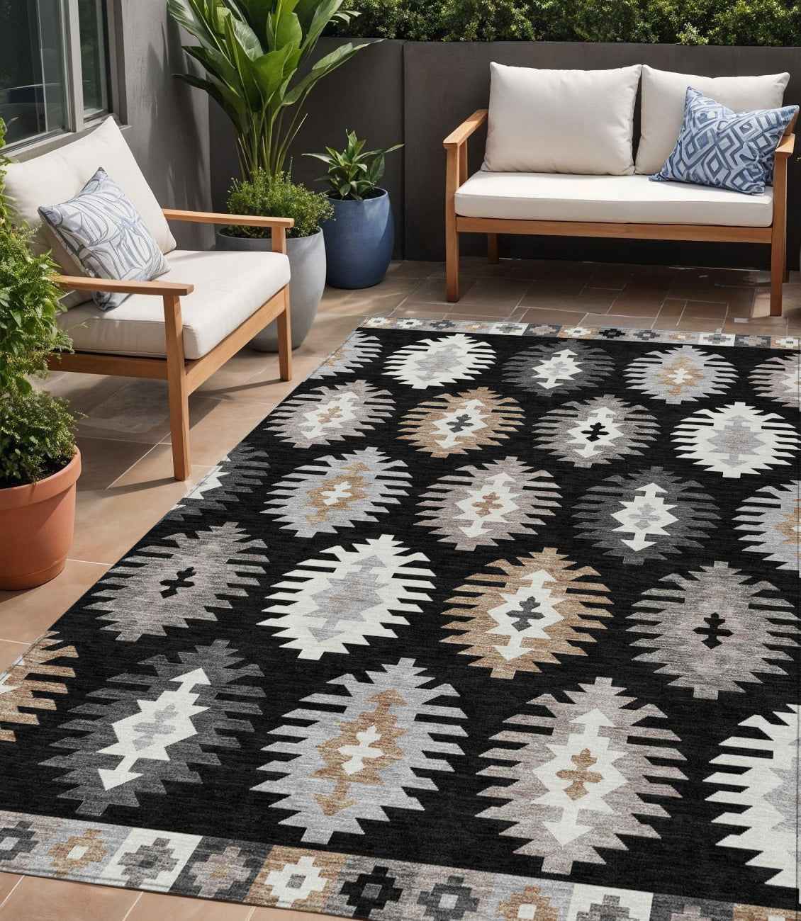 5' X 8' Black Ivory And Taupe Southwestern Washable Indoor Outdoor Area Rug