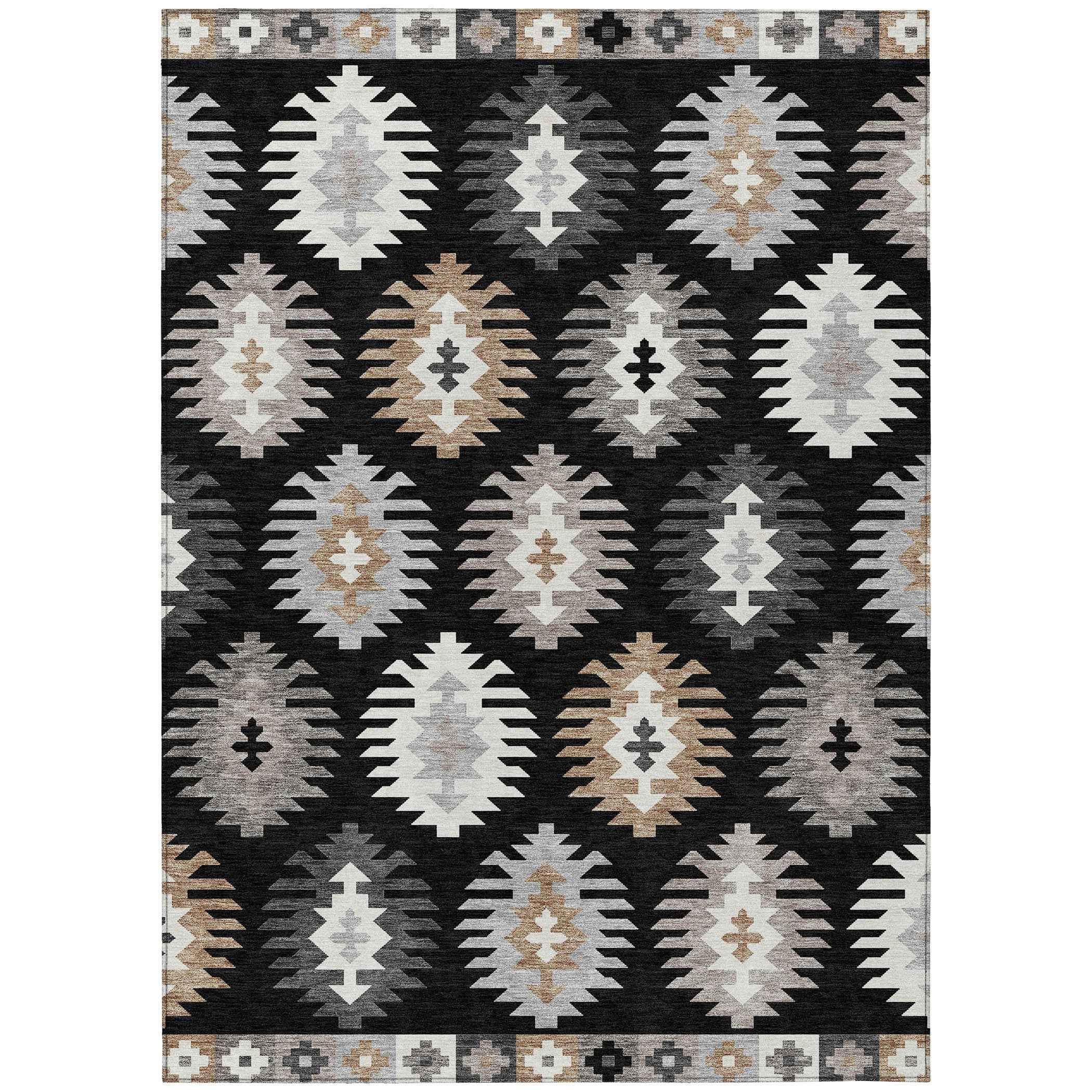 5' X 8' Black Ivory And Taupe Southwestern Washable Indoor Outdoor Area Rug