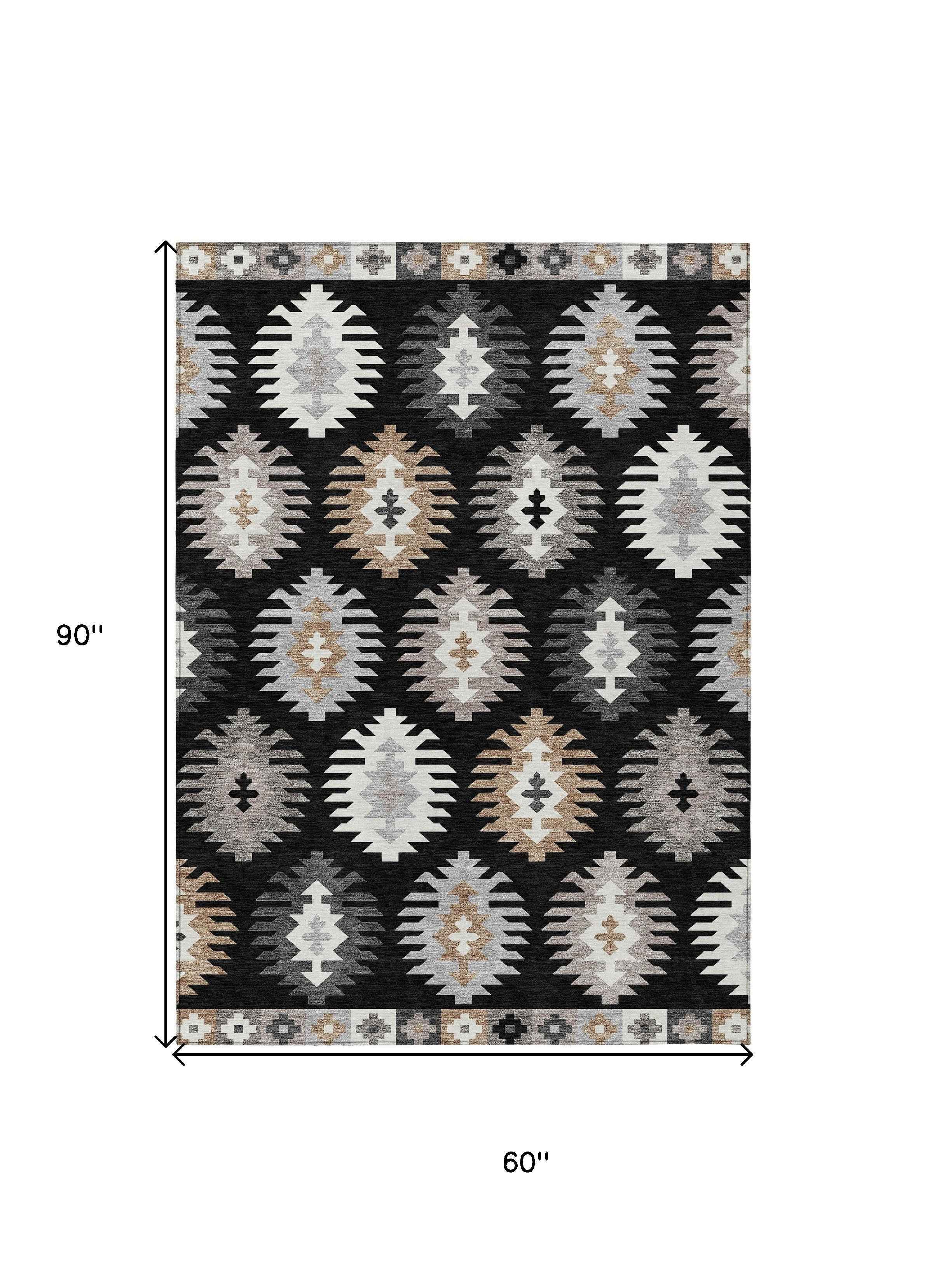 5' X 8' Black Ivory And Taupe Southwestern Washable Indoor Outdoor Area Rug