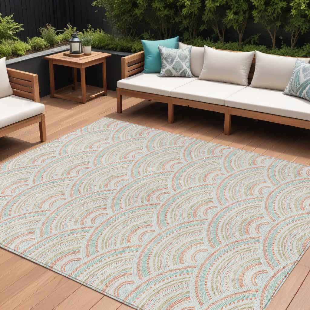 8' X 10' Linen Orange And Ivory Geometric Washable Indoor Outdoor Area Rug